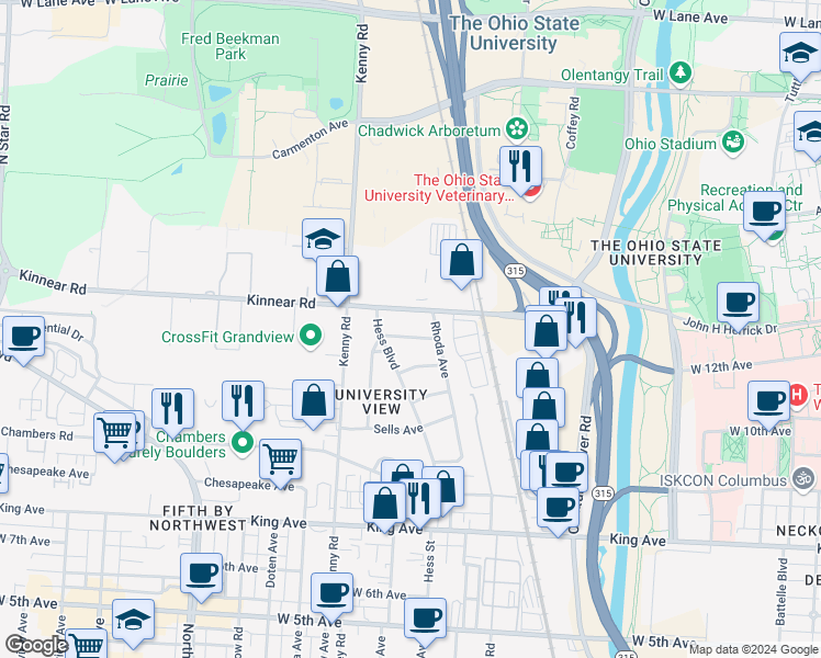 map of restaurants, bars, coffee shops, grocery stores, and more near 917 Kinnear Road in Columbus