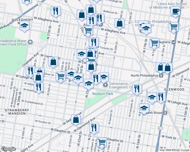 map of restaurants, bars, coffee shops, grocery stores, and more near 2143 North Van Pelt Street in Philadelphia