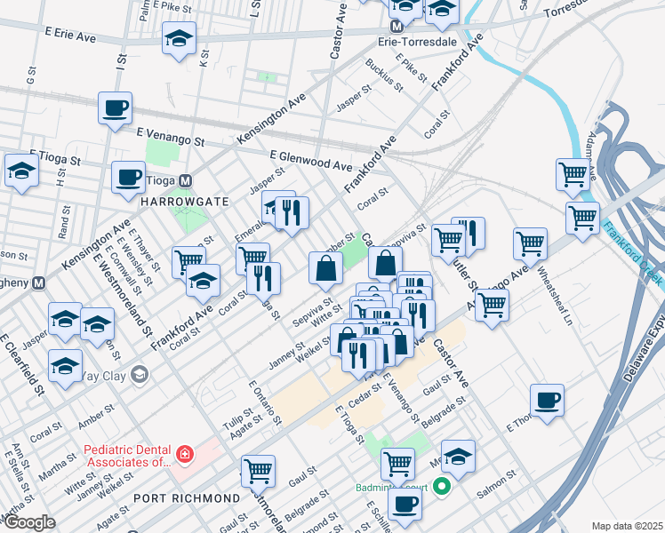 map of restaurants, bars, coffee shops, grocery stores, and more near 3675 Amber Street in Philadelphia