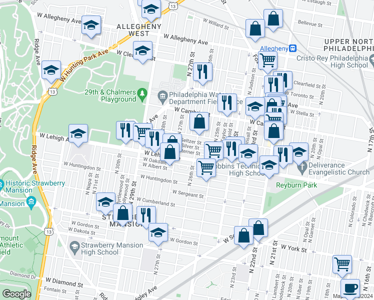 map of restaurants, bars, coffee shops, grocery stores, and more near 2623 West Sterner Street in Philadelphia