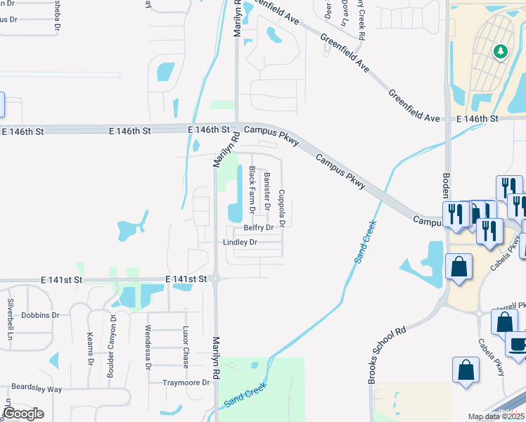 map of restaurants, bars, coffee shops, grocery stores, and more near 14317 Banister Drive in Noblesville