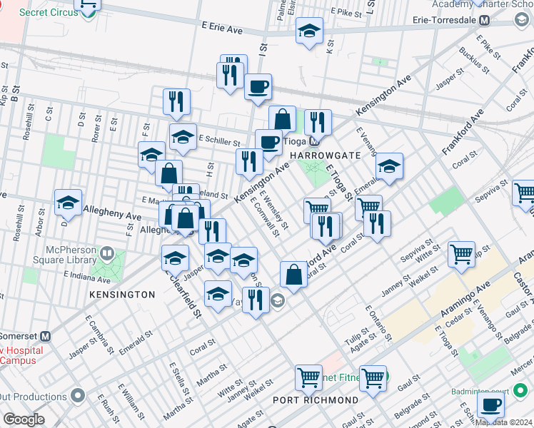map of restaurants, bars, coffee shops, grocery stores, and more near 1863 East Cornwall Street in Philadelphia