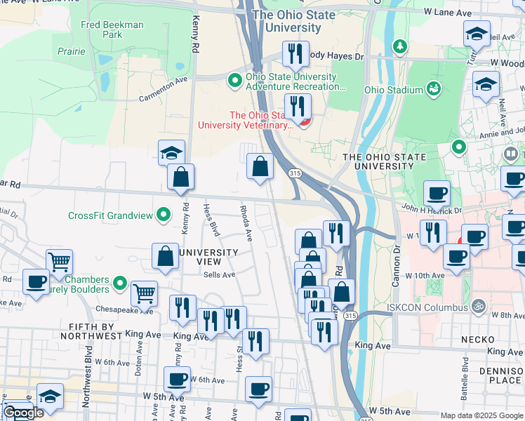 map of restaurants, bars, coffee shops, grocery stores, and more near 807 Kinnear Road in Columbus