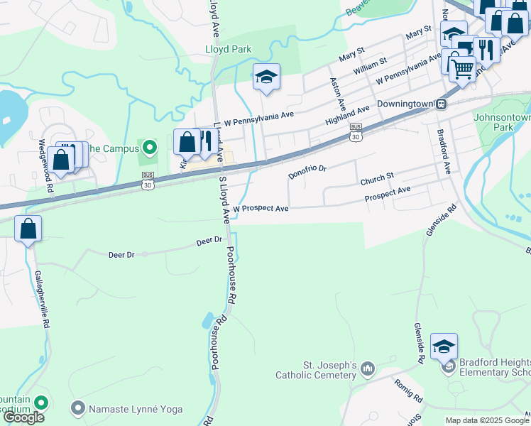 map of restaurants, bars, coffee shops, grocery stores, and more near 474 West Prospect Avenue in Downingtown