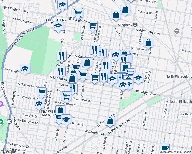map of restaurants, bars, coffee shops, grocery stores, and more near 2739 North 25th Street in Philadelphia