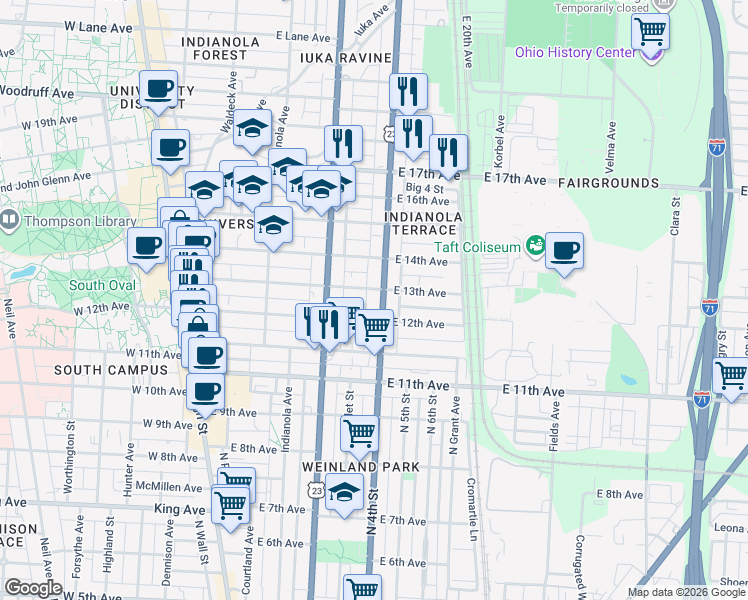 map of restaurants, bars, coffee shops, grocery stores, and more near 1659 North 4th Street in Columbus