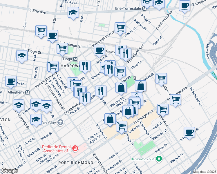 map of restaurants, bars, coffee shops, grocery stores, and more near 2076 Kingston Street in Philadelphia