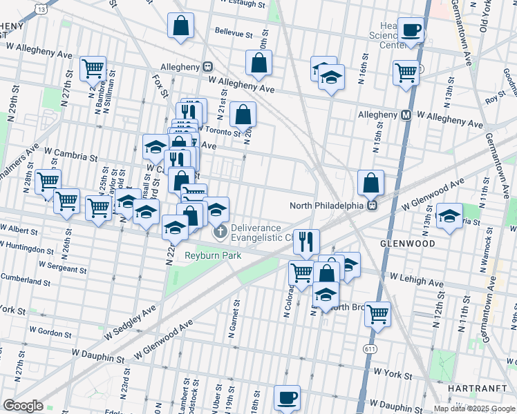 map of restaurants, bars, coffee shops, grocery stores, and more near 2822 North 19th Street in Philadelphia
