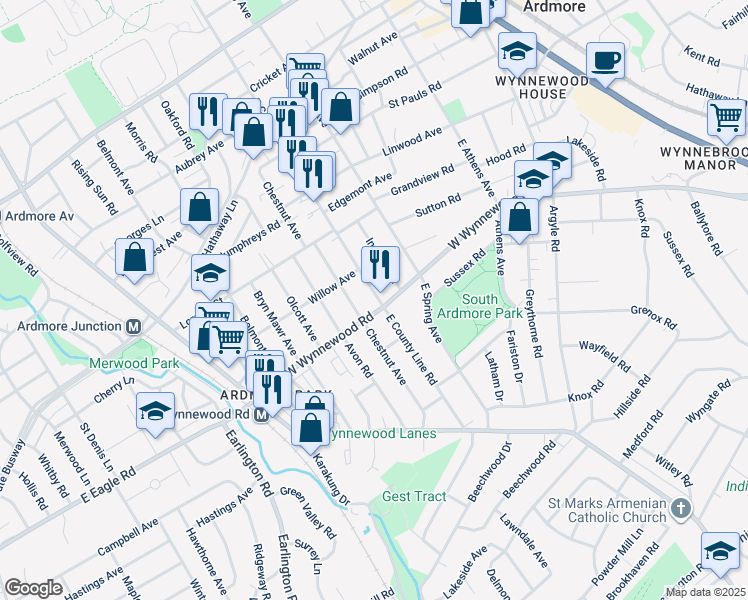 map of restaurants, bars, coffee shops, grocery stores, and more near 2426 East County Line Road in Ardmore