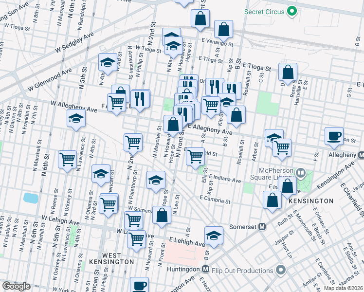 map of restaurants, bars, coffee shops, grocery stores, and more near 115 East Lippincott Street in Philadelphia