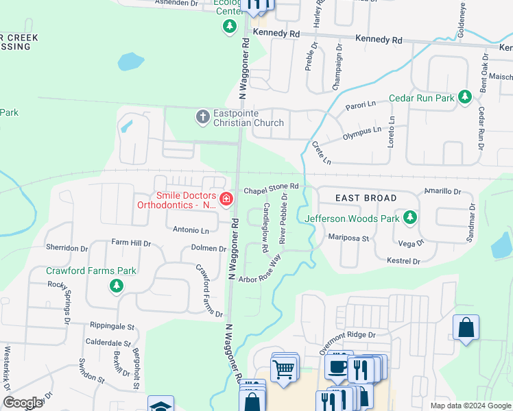 map of restaurants, bars, coffee shops, grocery stores, and more near 8114 Mandalay Road in Blacklick