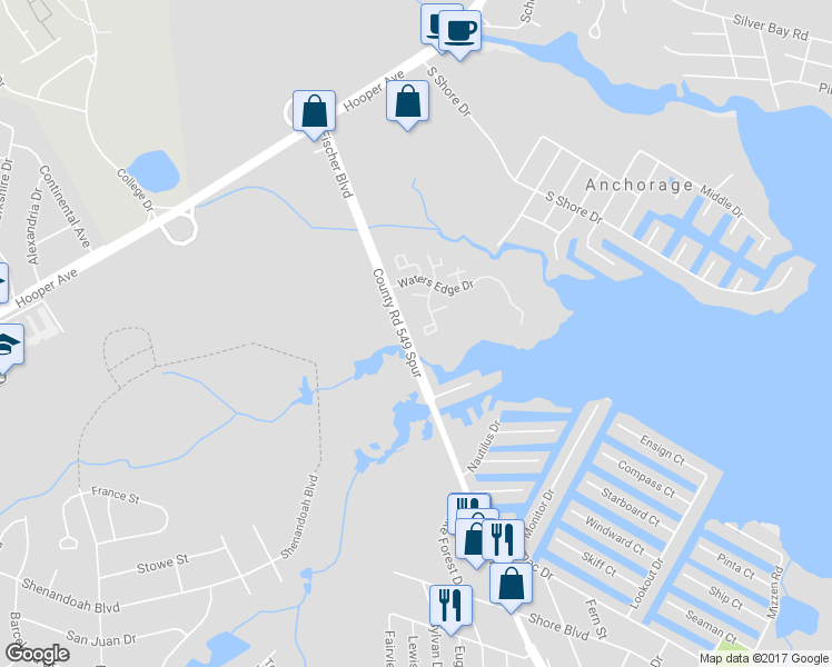 map of restaurants, bars, coffee shops, grocery stores, and more near 2520 Waters Edge Drive in Toms River