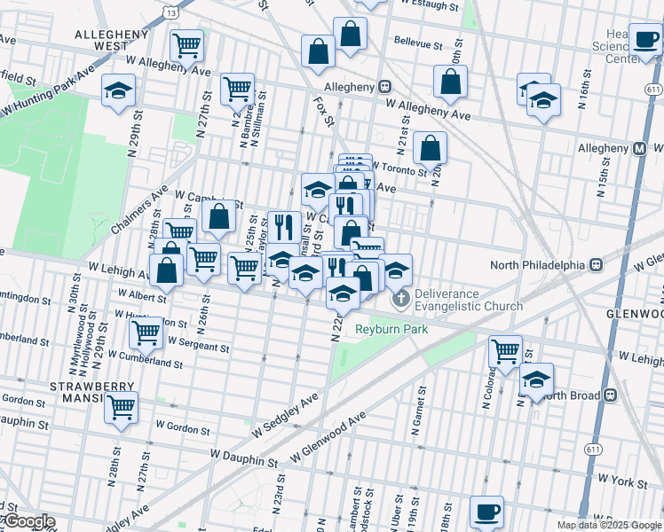 map of restaurants, bars, coffee shops, grocery stores, and more near 2764 North Croskey Street in Philadelphia