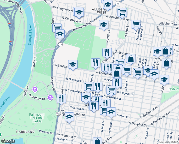 map of restaurants, bars, coffee shops, grocery stores, and more near 3018 West Lehigh Avenue in Philadelphia