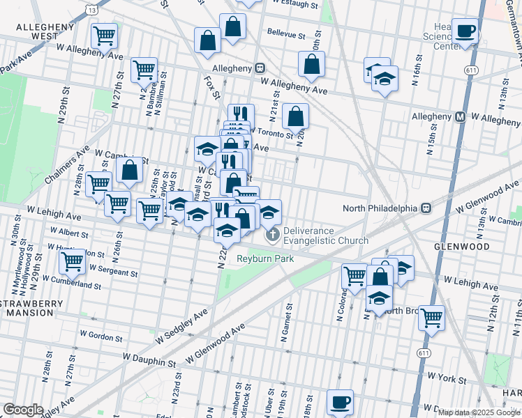 map of restaurants, bars, coffee shops, grocery stores, and more near 2053 West Somerset Street in Philadelphia