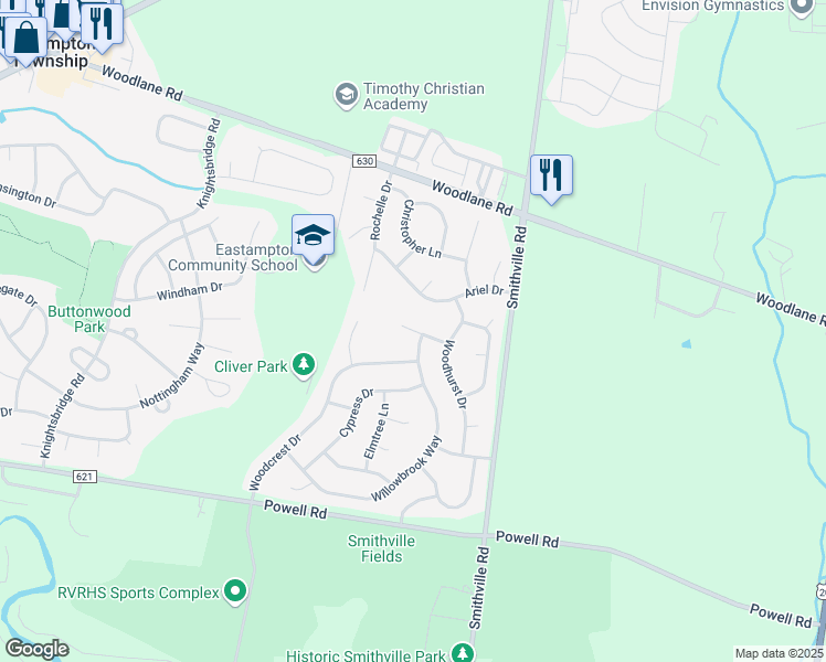 map of restaurants, bars, coffee shops, grocery stores, and more near 5 Suffolk Court in Mount Holly