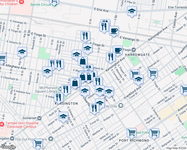 map of restaurants, bars, coffee shops, grocery stores, and more near 3212 H Street in Philadelphia