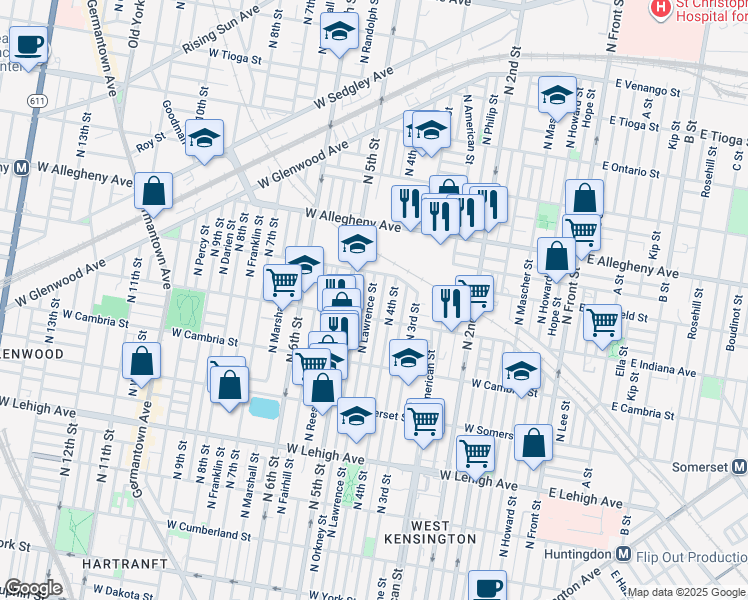 map of restaurants, bars, coffee shops, grocery stores, and more near 3029 North Lawrence Street in Philadelphia
