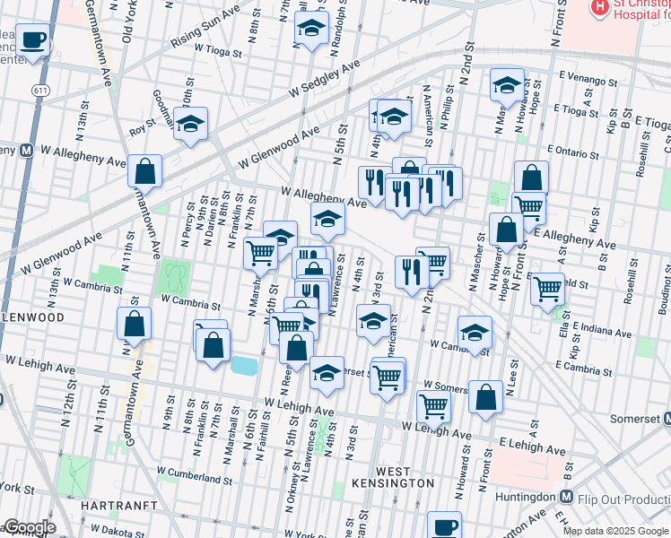 map of restaurants, bars, coffee shops, grocery stores, and more near 3024 North Lawrence Street in Philadelphia