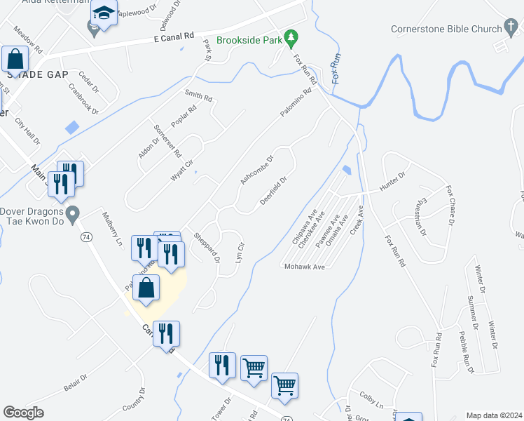 map of restaurants, bars, coffee shops, grocery stores, and more near 1905 Deerfield Drive in Dover