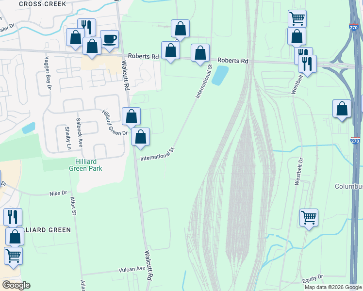 map of restaurants, bars, coffee shops, grocery stores, and more near 2216 International Street in Columbus