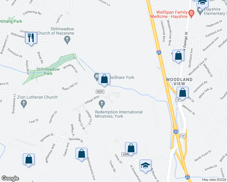map of restaurants, bars, coffee shops, grocery stores, and more near 107 Lexton Drive in York