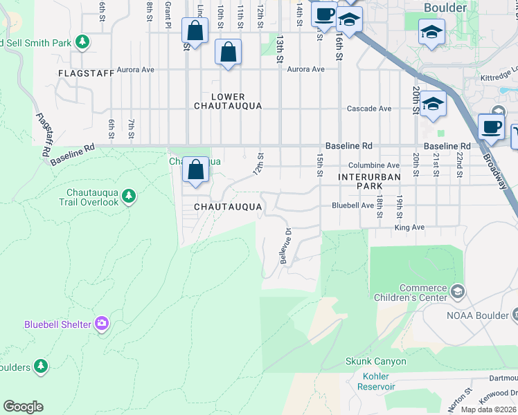 map of restaurants, bars, coffee shops, grocery stores, and more near 333 Bellevue Drive in Boulder