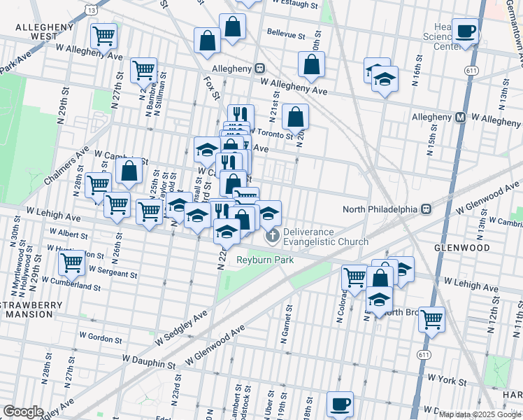 map of restaurants, bars, coffee shops, grocery stores, and more near 2053 West Somerset Street in Philadelphia