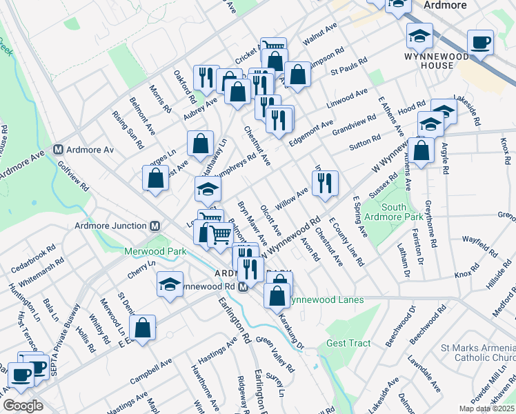 map of restaurants, bars, coffee shops, grocery stores, and more near 2514 Olcott Avenue in Ardmore
