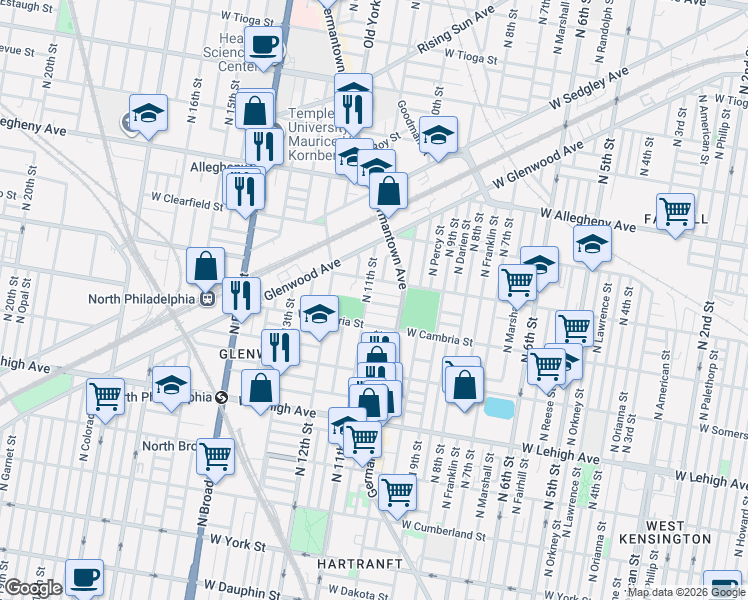 map of restaurants, bars, coffee shops, grocery stores, and more near 1100 West Indiana Avenue in Philadelphia