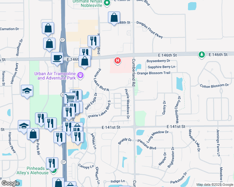 map of restaurants, bars, coffee shops, grocery stores, and more near Angelica Drive in Noblesville
