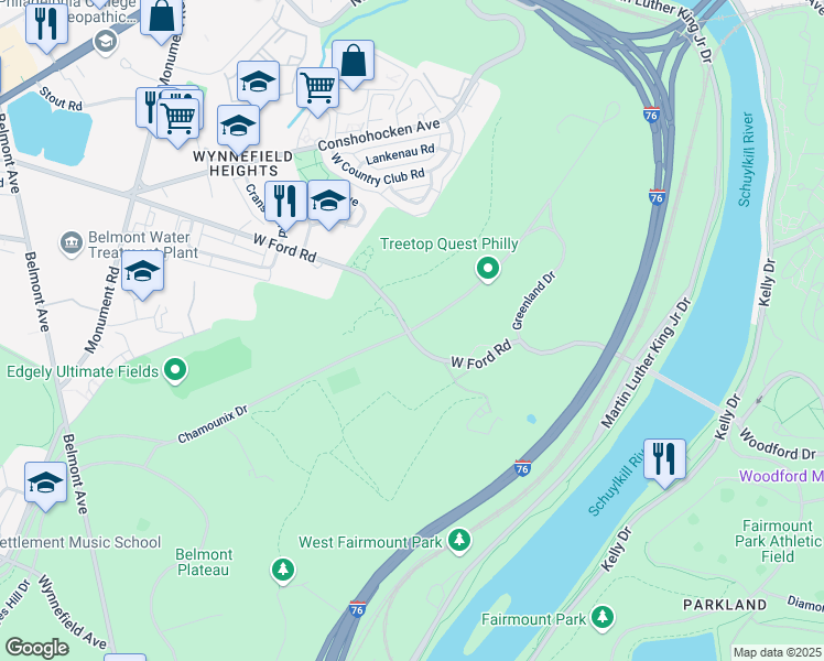 map of restaurants, bars, coffee shops, grocery stores, and more near Chamounix Drive in Philadelphia