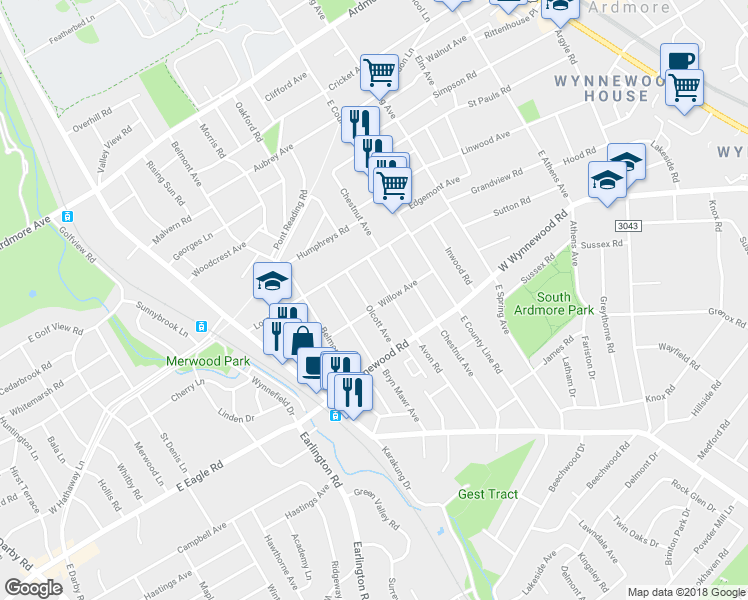 map of restaurants, bars, coffee shops, grocery stores, and more near 2505 Olcott Avenue in Ardmore