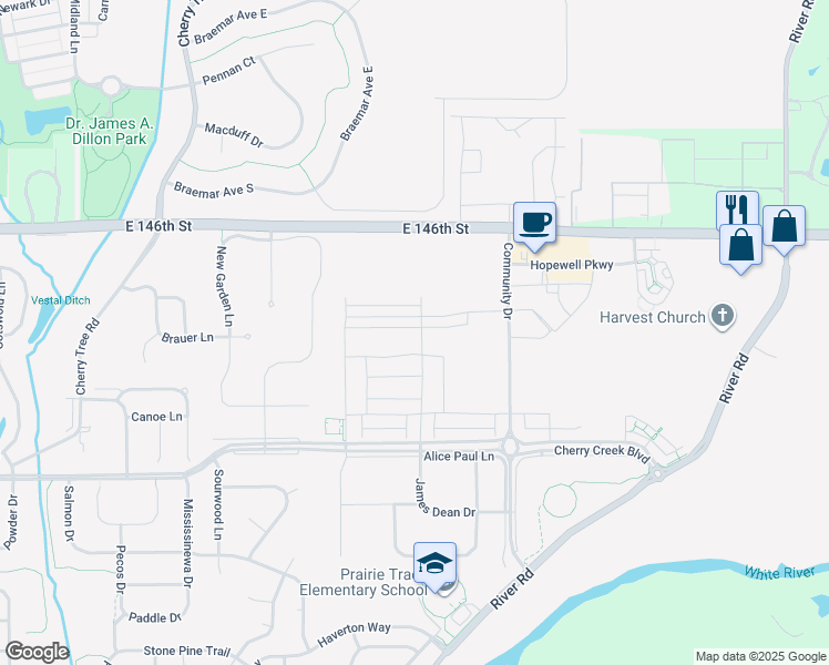 map of restaurants, bars, coffee shops, grocery stores, and more near Simplicity Parkway in Carmel