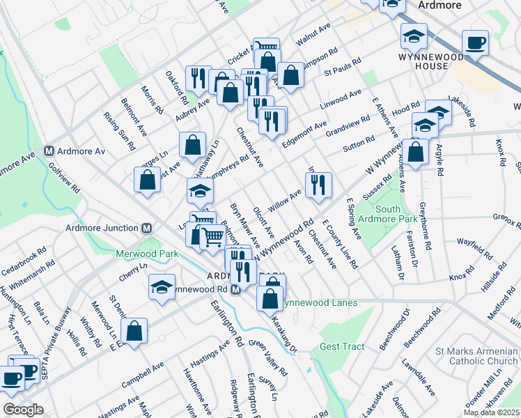 map of restaurants, bars, coffee shops, grocery stores, and more near 2505 Olcott Avenue in Ardmore
