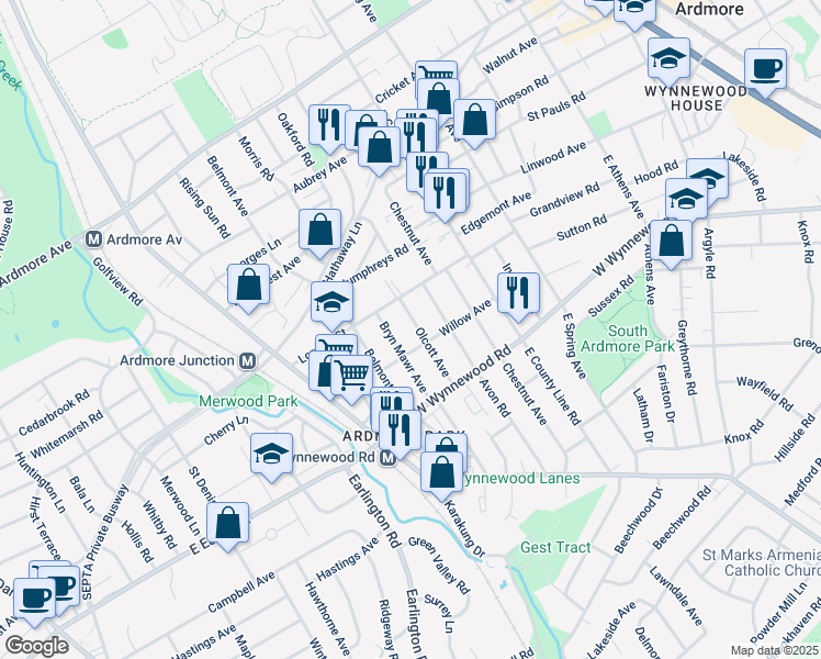 map of restaurants, bars, coffee shops, grocery stores, and more near 2514 Olcott Avenue in Ardmore