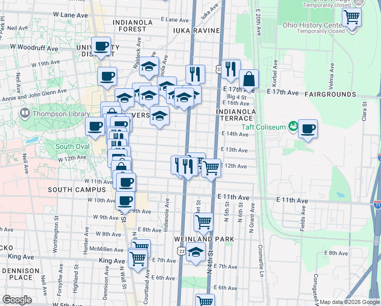 map of restaurants, bars, coffee shops, grocery stores, and more near 1680 Summit Street in Columbus