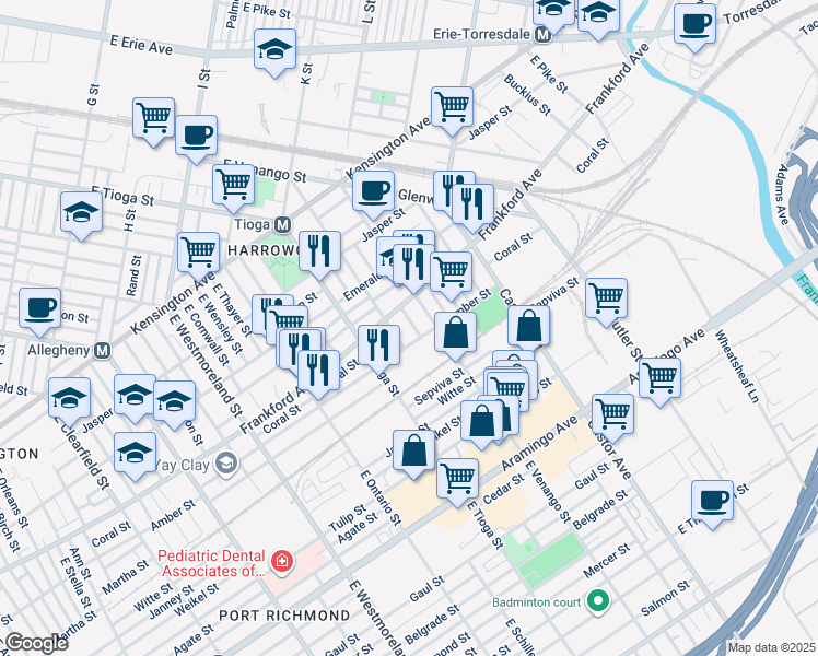 map of restaurants, bars, coffee shops, grocery stores, and more near 2076 Kingston Street in Philadelphia