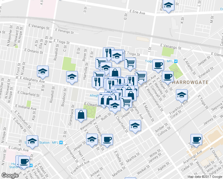 map of restaurants, bars, coffee shops, grocery stores, and more near 760 East Hilton Street in Philadelphia