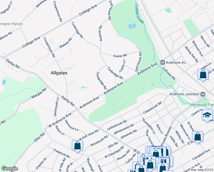 map of restaurants, bars, coffee shops, grocery stores, and more near 10 Cambridge Road in Haverford