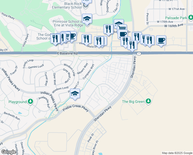 map of restaurants, bars, coffee shops, grocery stores, and more near 16651 Alcott Way in Broomfield