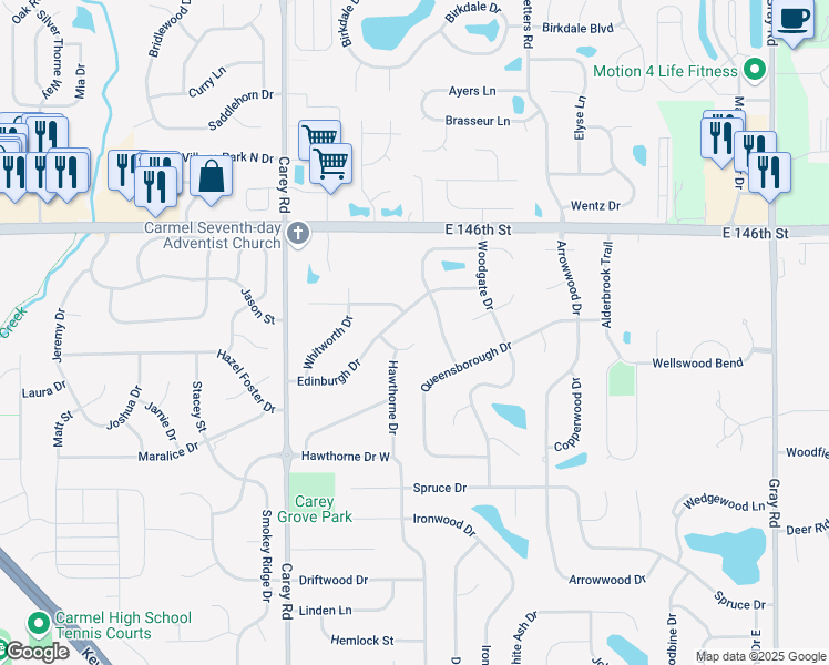 map of restaurants, bars, coffee shops, grocery stores, and more near 1268 Bridgefield Drive in Carmel