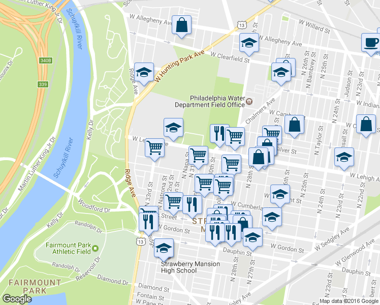 map of restaurants, bars, coffee shops, grocery stores, and more near 2661 North Napa Street in Philadelphia