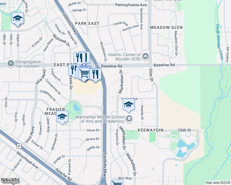 map of restaurants, bars, coffee shops, grocery stores, and more near 21 Manhattan Drive in Boulder