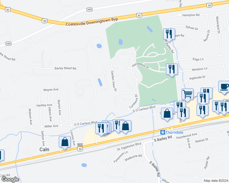 map of restaurants, bars, coffee shops, grocery stores, and more near 210 Garden View Drive in Thorndale
