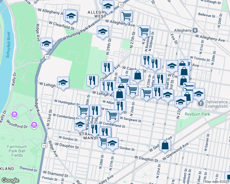 map of restaurants, bars, coffee shops, grocery stores, and more near 2742 West Sterner Street in Philadelphia