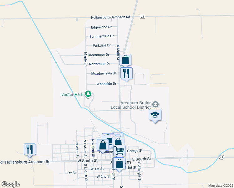 map of restaurants, bars, coffee shops, grocery stores, and more near 510 North Main Street in Arcanum