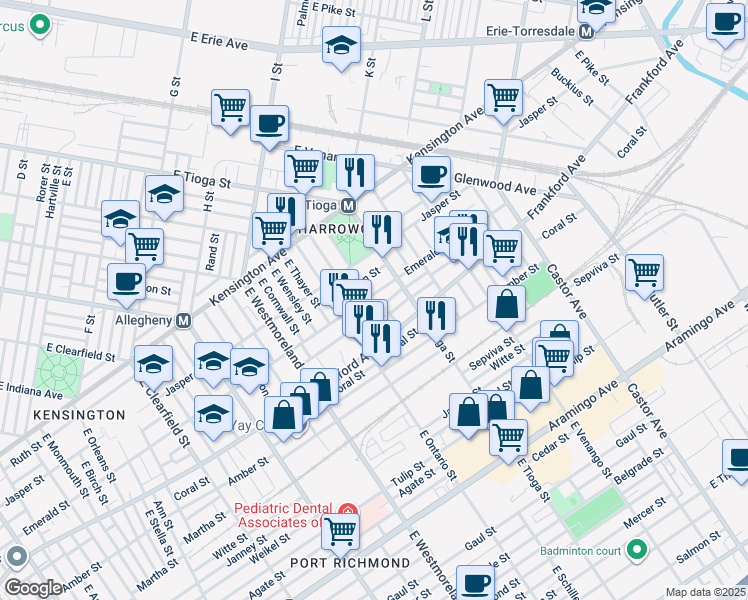 map of restaurants, bars, coffee shops, grocery stores, and more near 3453 Emerald St in Philadelphia