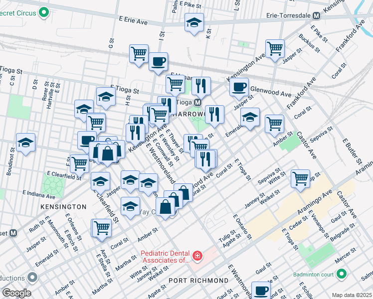 map of restaurants, bars, coffee shops, grocery stores, and more near 1914 East Ontario Street in Philadelphia
