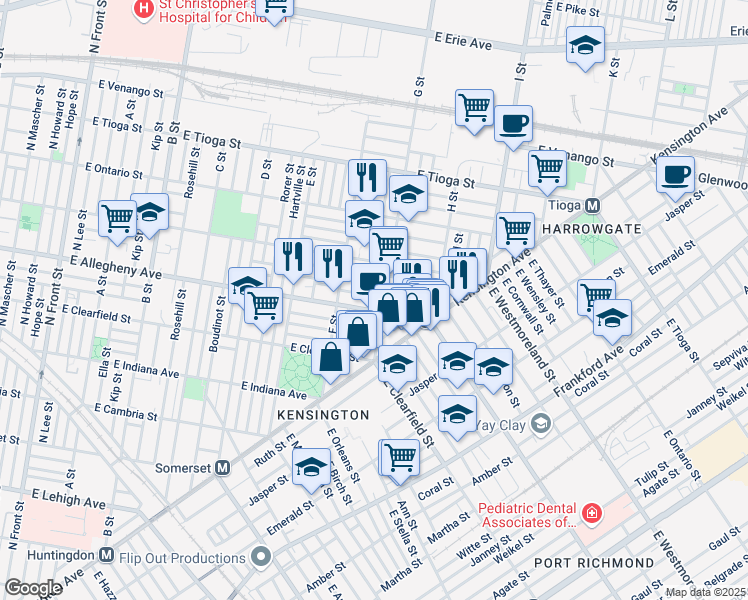 map of restaurants, bars, coffee shops, grocery stores, and more near 756 East Hilton Street in Philadelphia